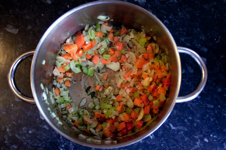 Chopped and seasoned veg in a pot